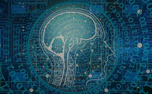 A circuit board with a cranium image.